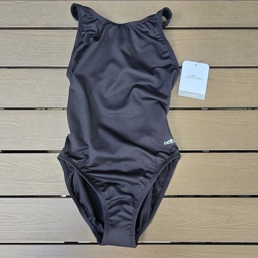 Dolphin Youth Girl's Solid Black Racerback Swimsuit One-piece Size 22 New